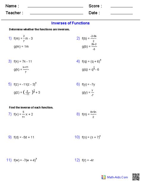 inverse functions worksheet with answers pdf grade 11